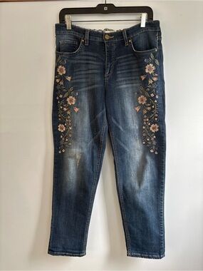 Vintage America Straight Leg Jeans with Pink Floral Embroidery - Dark Blue